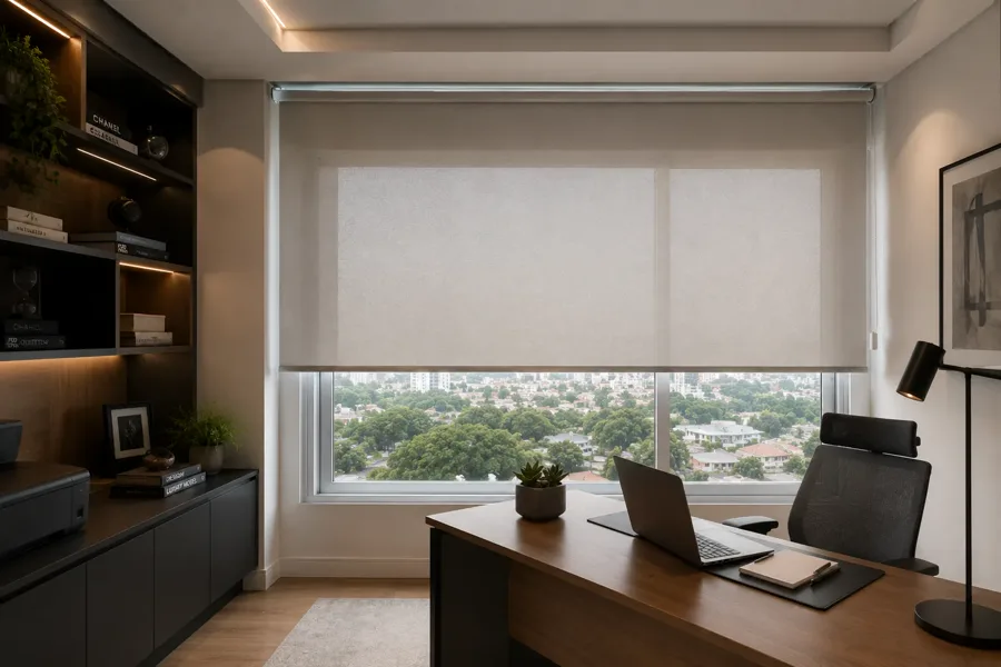 Persiana Rolô Blackout em home office